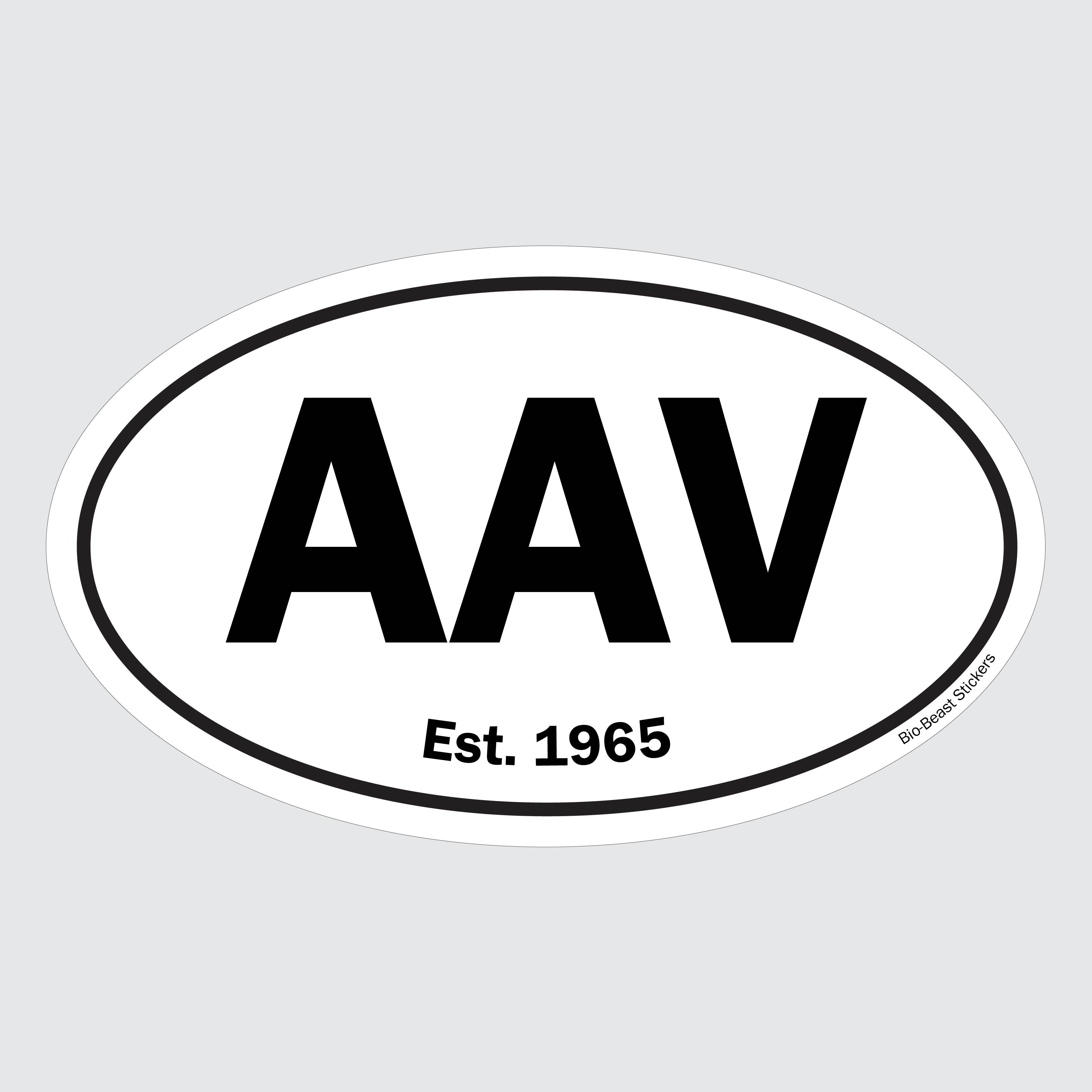 Oval sticker with 'AAV Adeno-associated virus' and 'Est. 1965' text - black and white
