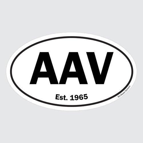 Oval sticker with 'AAV Adeno-associated virus' and 'Est. 1965' text - black and white