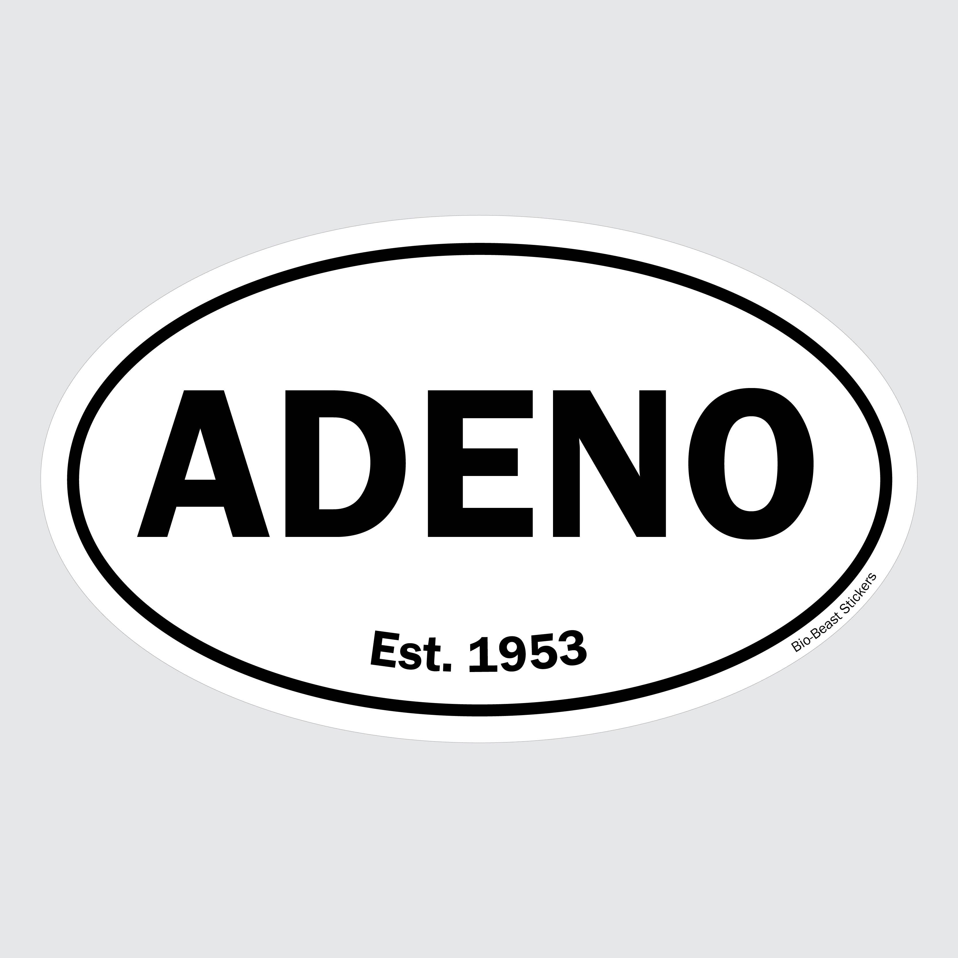 Oval sticker with 'ADENO Adenvirus' and 'Est. 1953' text - black and white