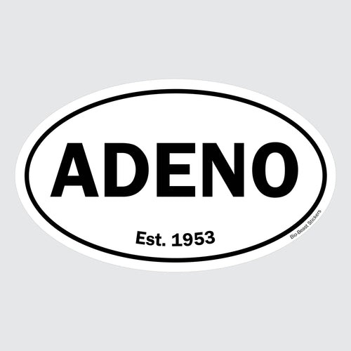 Oval sticker with 'ADENO Adenvirus' and 'Est. 1953' text - black and white
