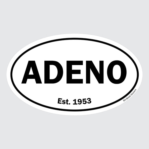 Oval sticker with 'ADENO Adenvirus' and 'Est. 1953' text - black and white