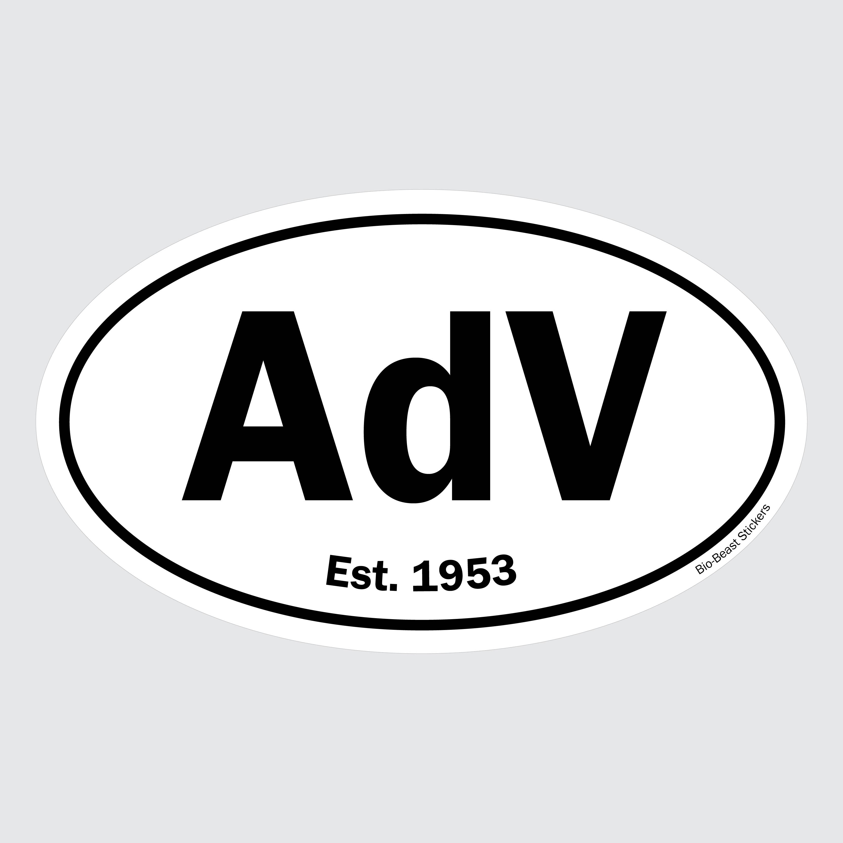 Oval sticker with 'AdV Adenovirus' and 'Est. 1953' text - black and white