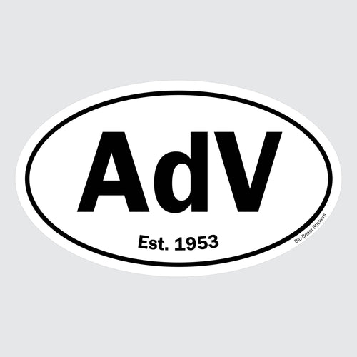 Oval sticker with 'AdV Adenovirus' and 'Est. 1953' text - black and white
