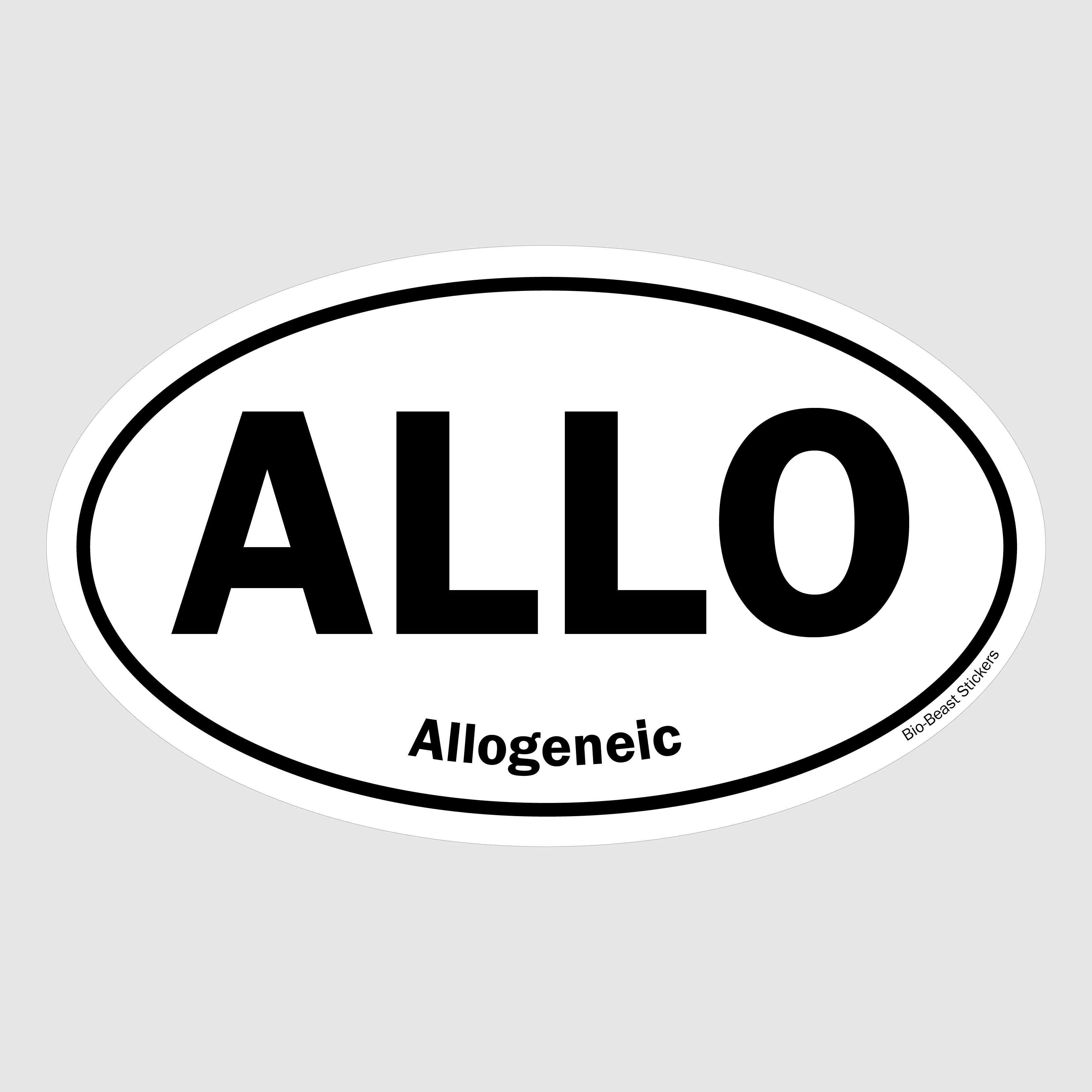 Oval sticker with 'ALLO' and 'Allogeneic' text - black and white