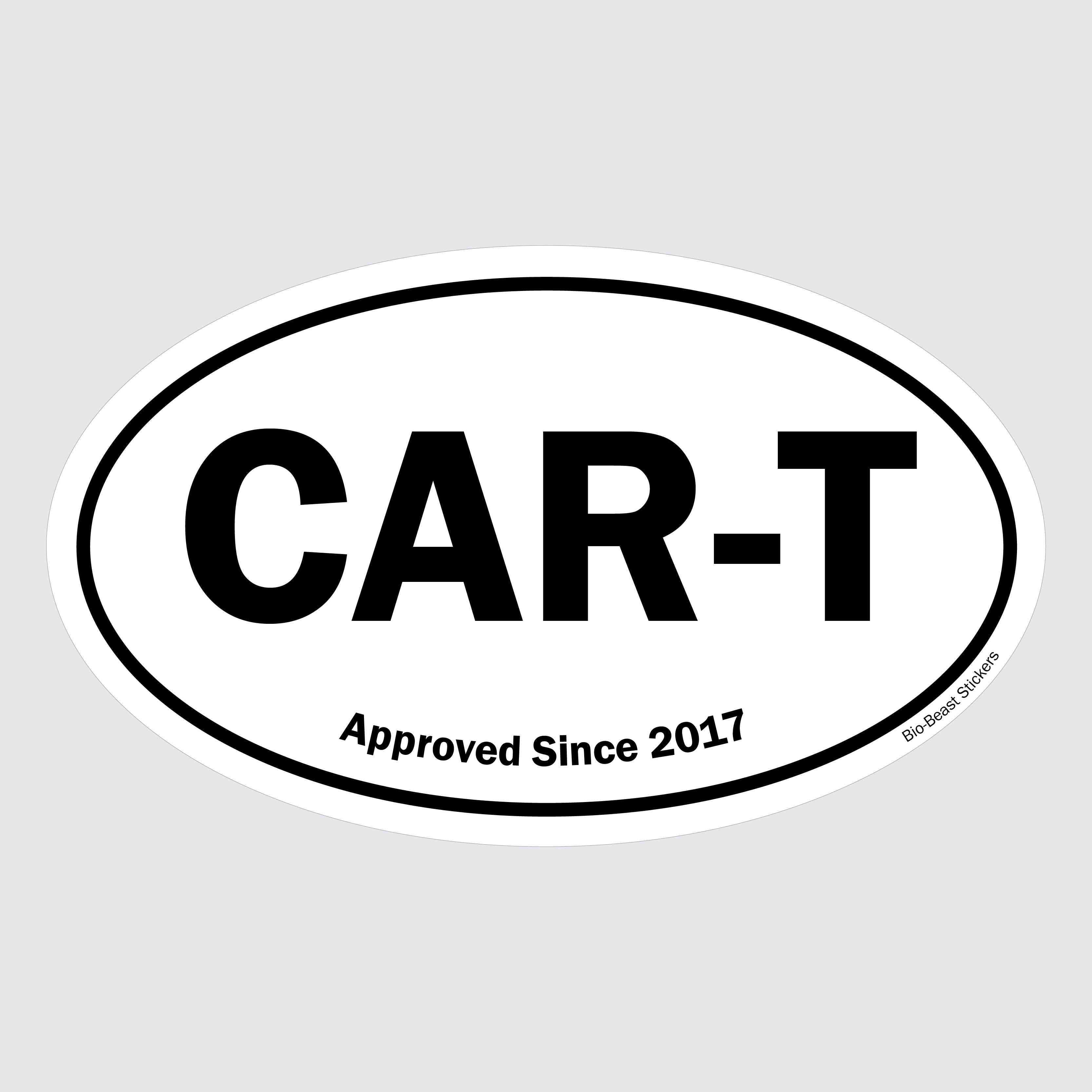 Oval sticker with 'CAR-T Chimeric Antigen Receptor T-cell Therapy' and 'Approved Since 2017' text - black and white