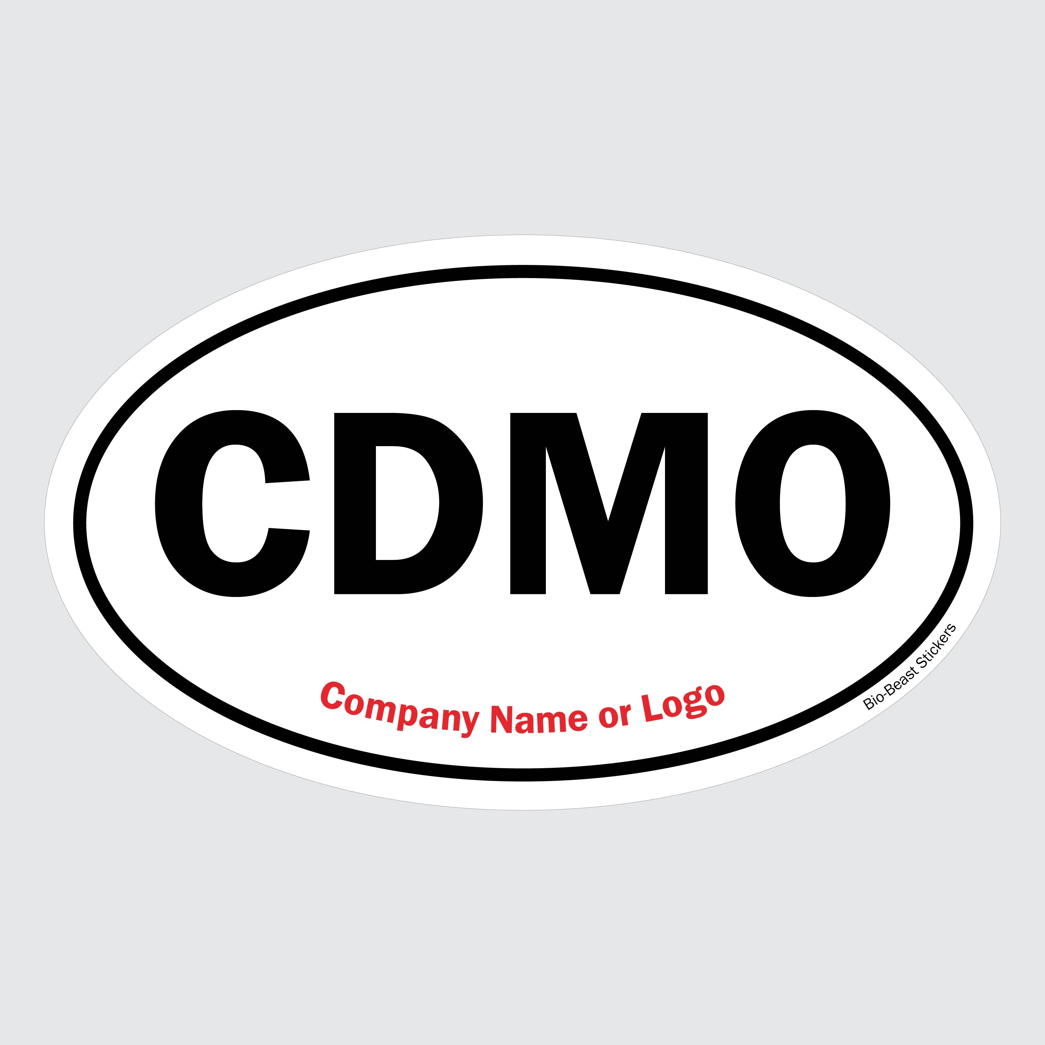 Oval sticker with 'CDMO Contract Development and Manufacturing Organization' text - black and white. Add your own company name or logo