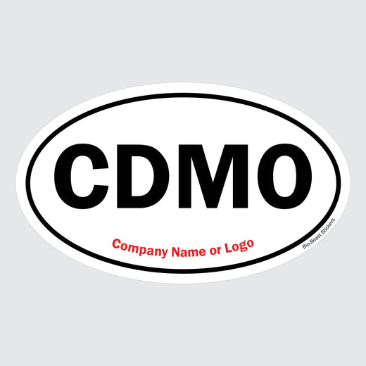 Oval sticker with 'CDMO Contract Development and Manufacturing Organization' text - black and white. Add your own company name or logo