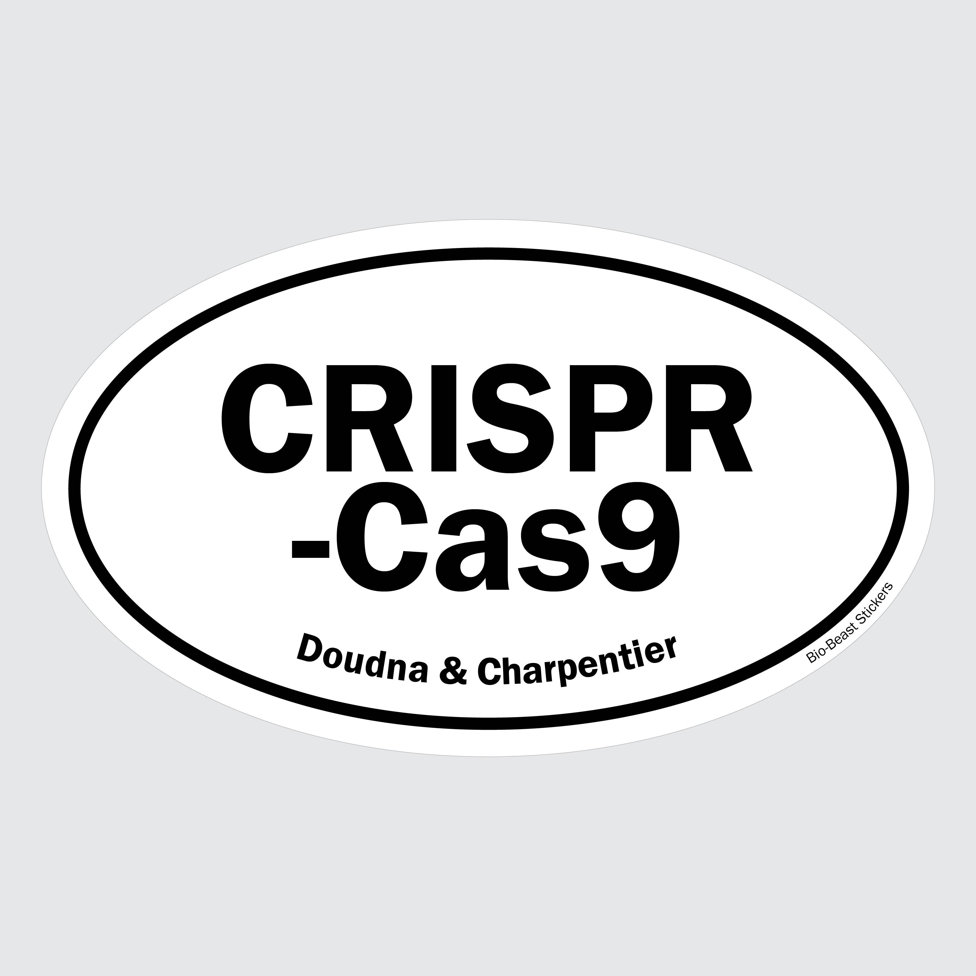 Oval sticker with 'CRISPR Cas9' and  'Doudna & Charpentier' text - black and white