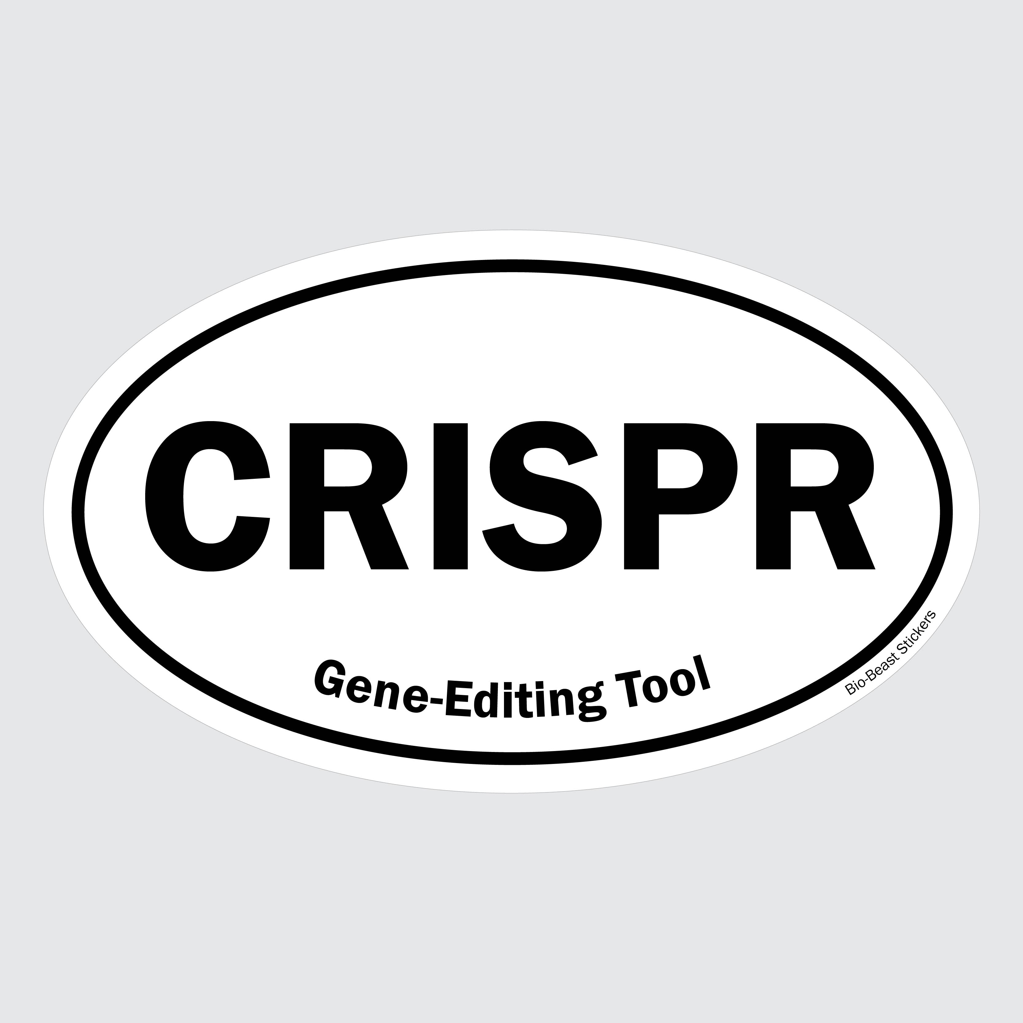 Oval sticker with 'CRISPR' and 'Gene-Editing Tool' text - black and white