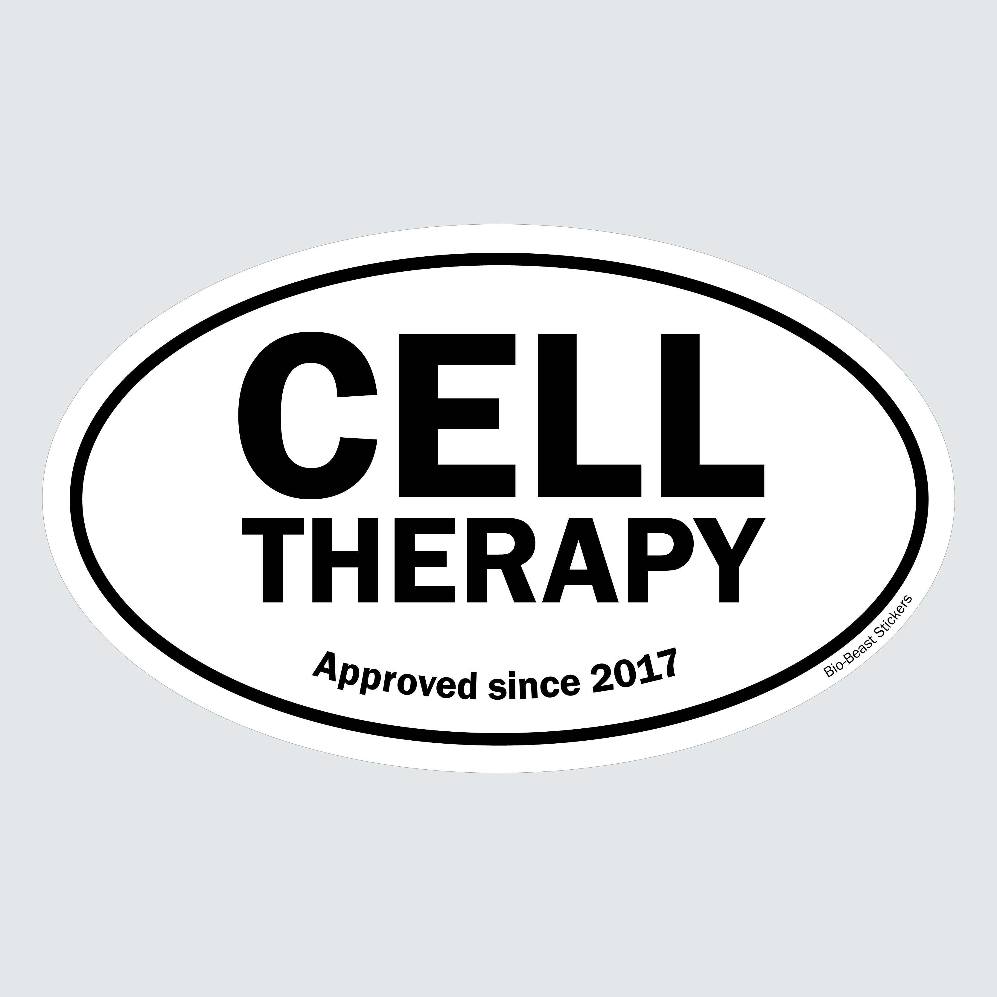Oval sticker with 'CELL THERAPY' and 'Approved since 2017' text - black and white
