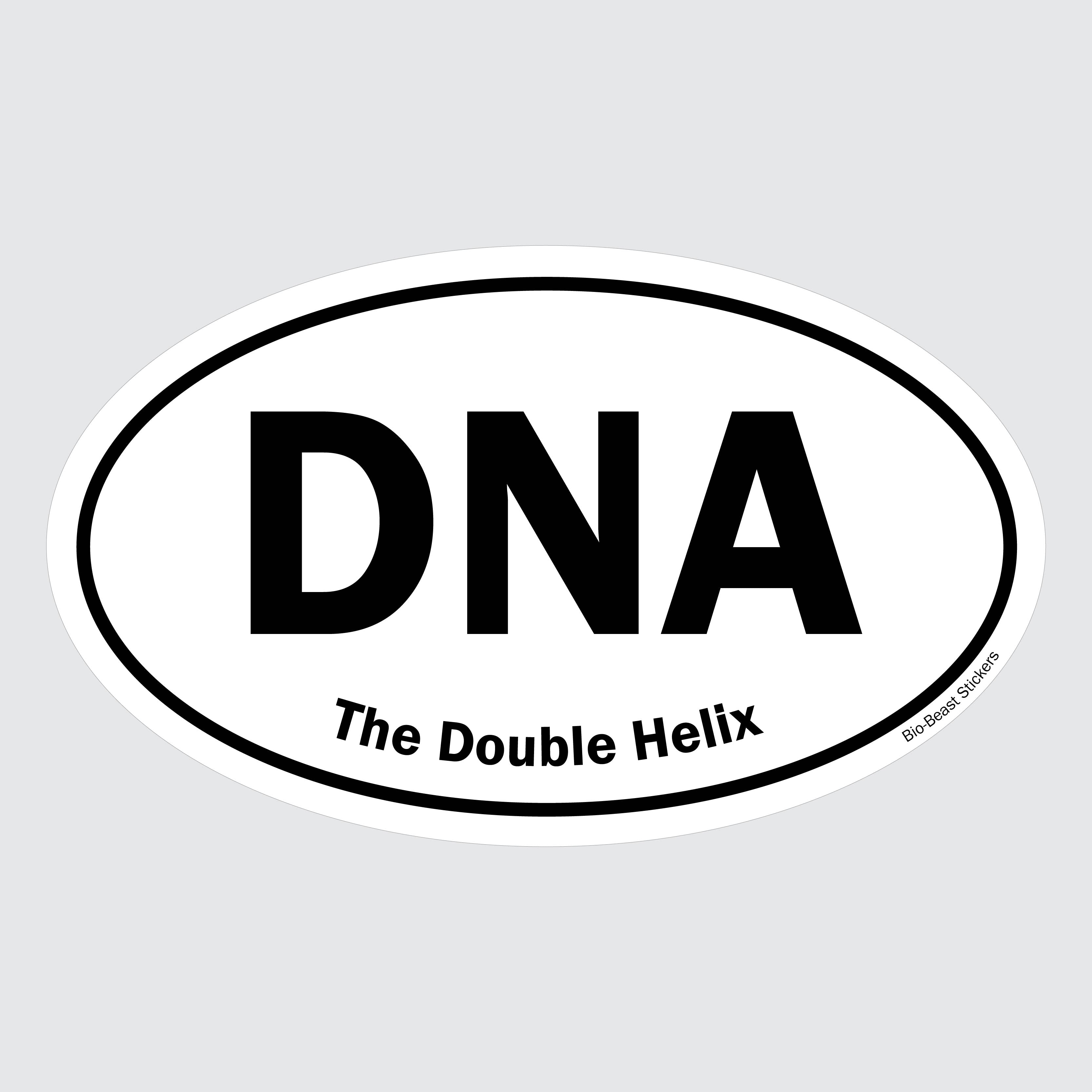 Oval sticker with 'DNA deoxyribonucleic acid' and 'The Double Helix' text - black and white