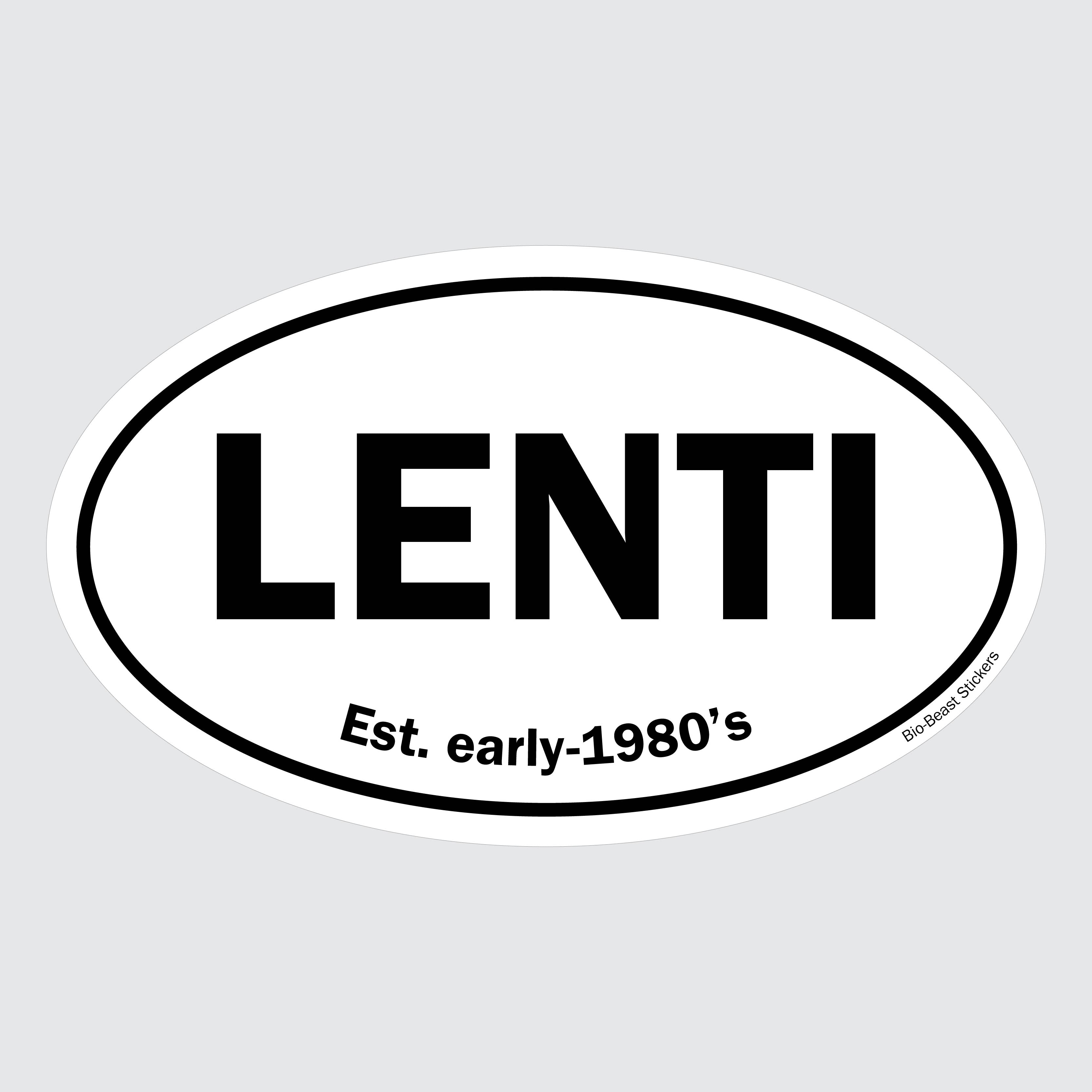 Oval sticker with 'LENTI Lentivirus' and 'Est. early-1980's' text - black and white