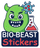Logo for Bio-Beast Stickers featuring a green monster, beaker, and virus icon on a white background.