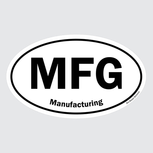 Oval sticker with 'MFG' and 'Manufacturing' text - black and white