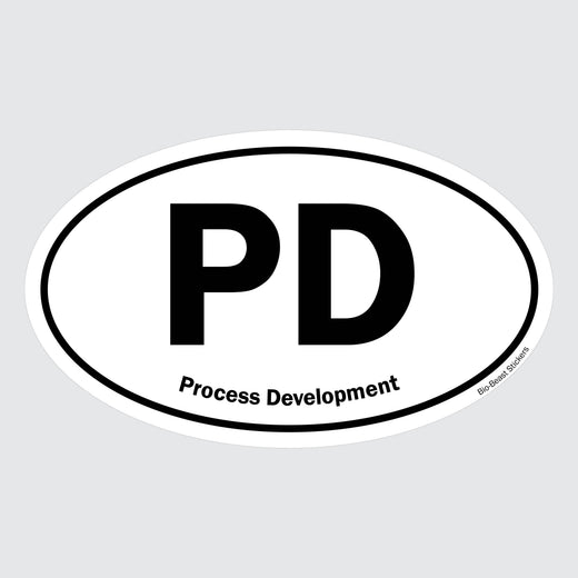 Oval sticker with 'PD' and 'Process Development' text - black and white