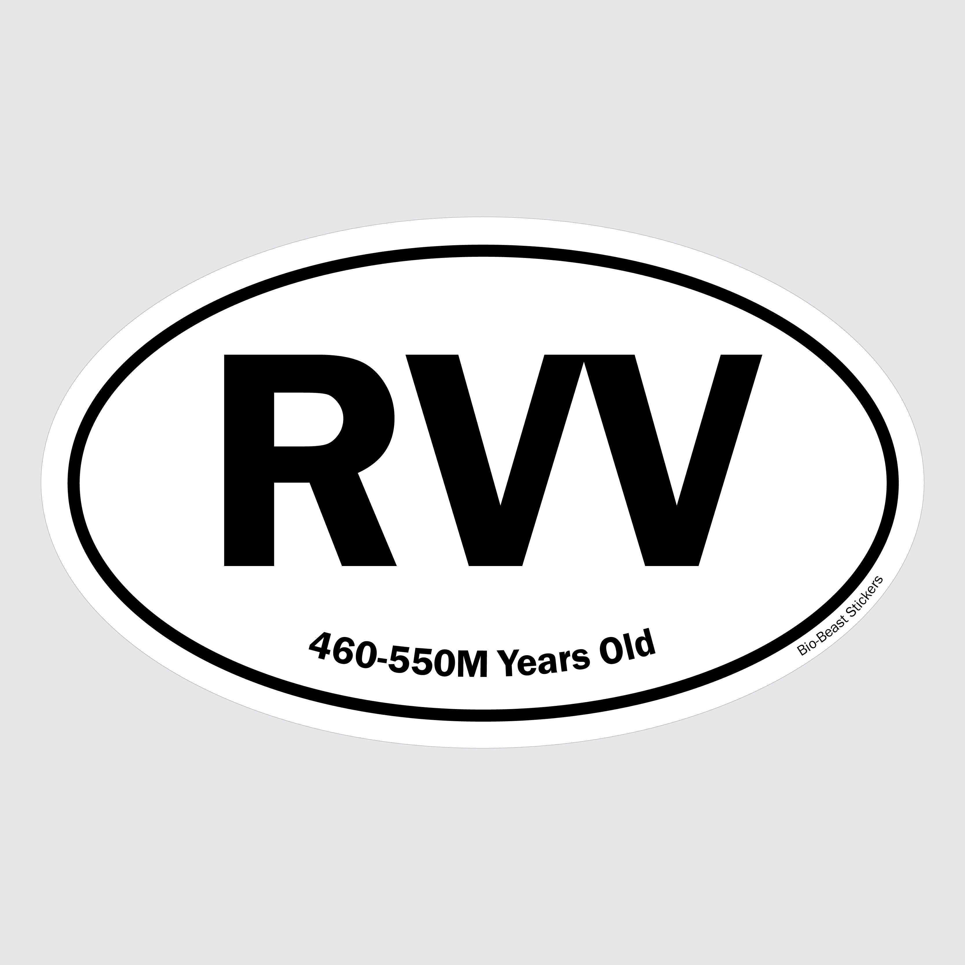 Oval sticker with 'RVV Retrovirus' and '460 - 550 Million Years Old' text -black and white