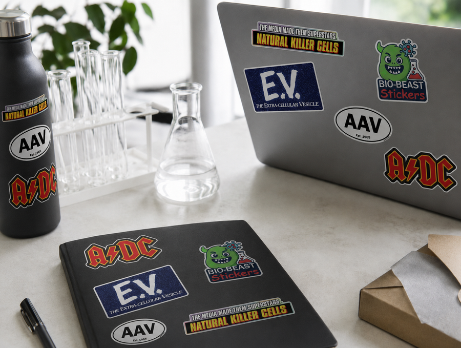 Science stickers arranged on a laboratory desk