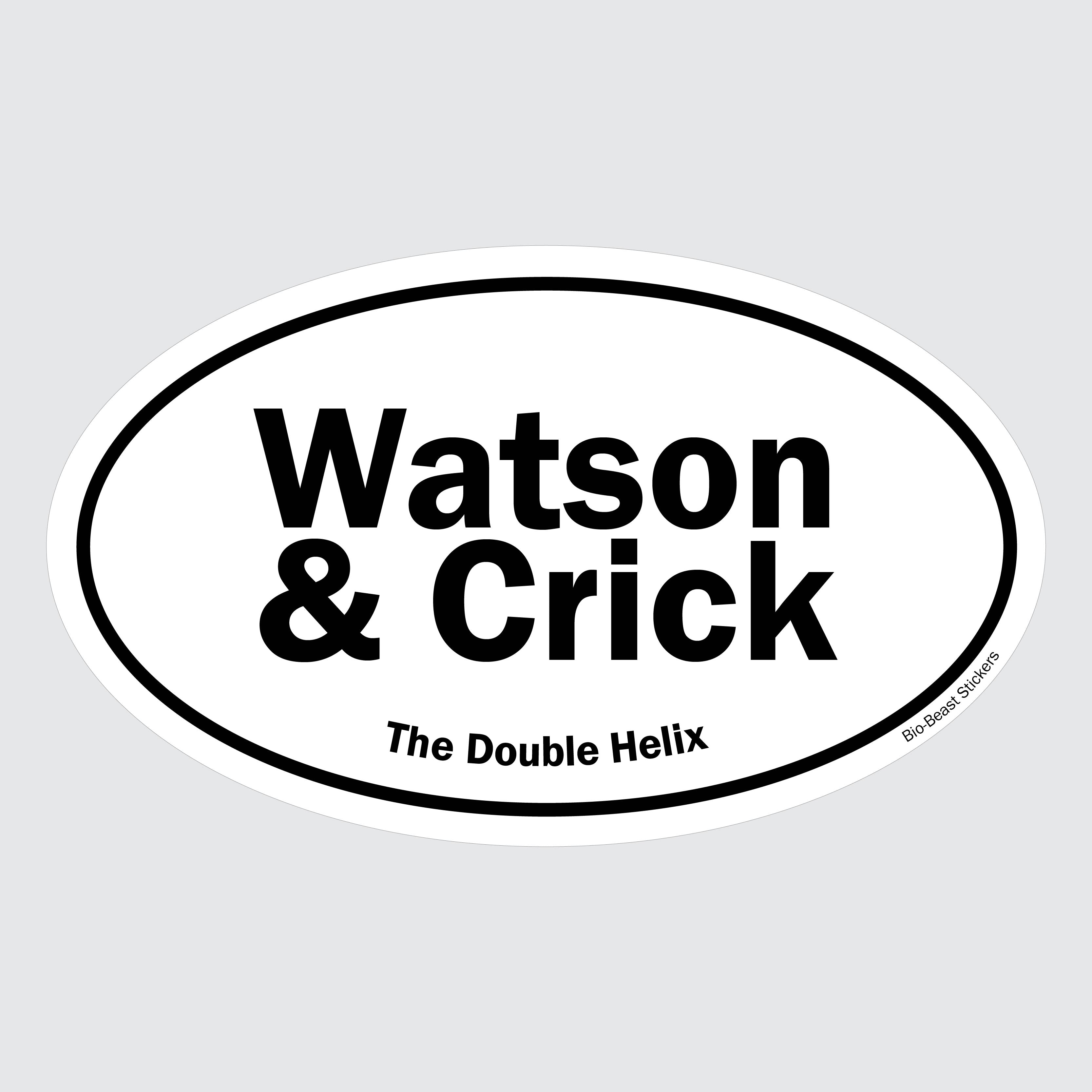 Oval sticker with 'Watson & Crick' and 'The Double Helix' text - black and white